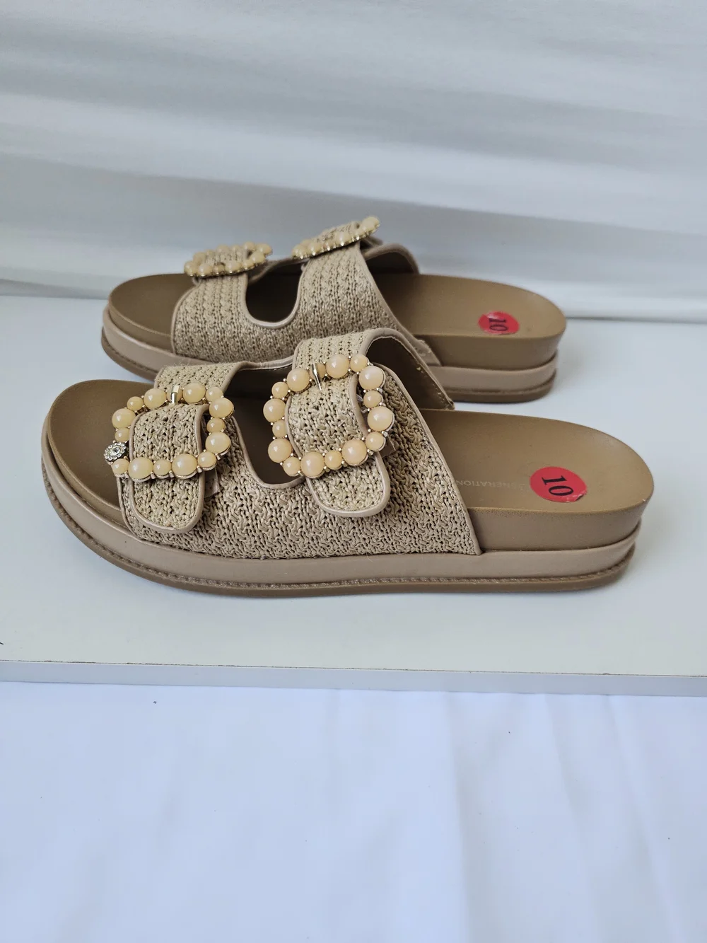 BCBGeneration Beau Raffia Beaded Buckle Slide Sandals - Size 10